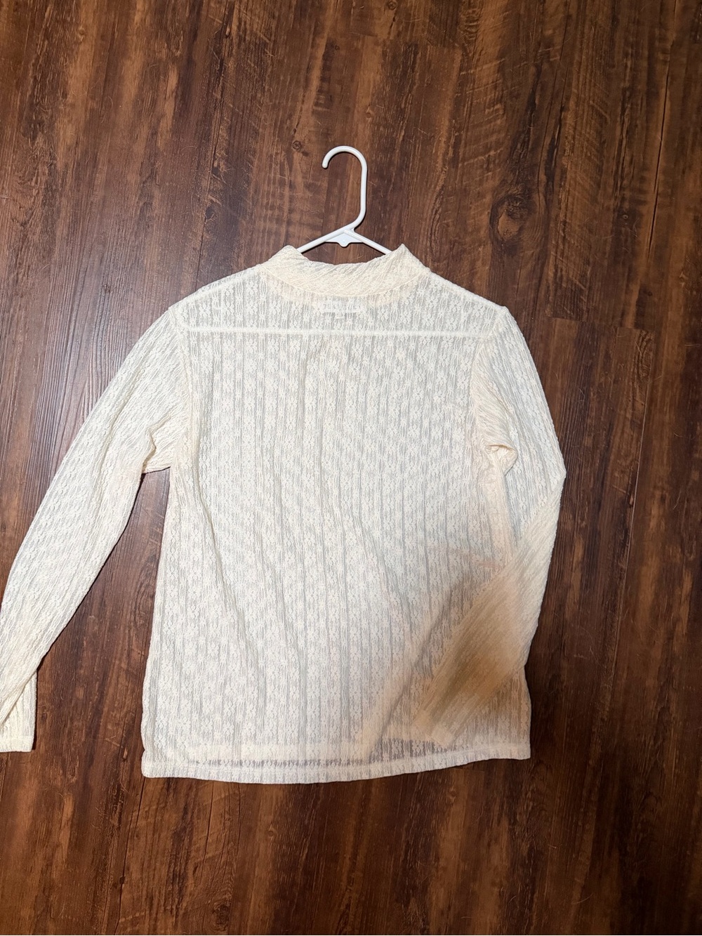 Cream Lace-Textured Long Sleeve mesh Top
